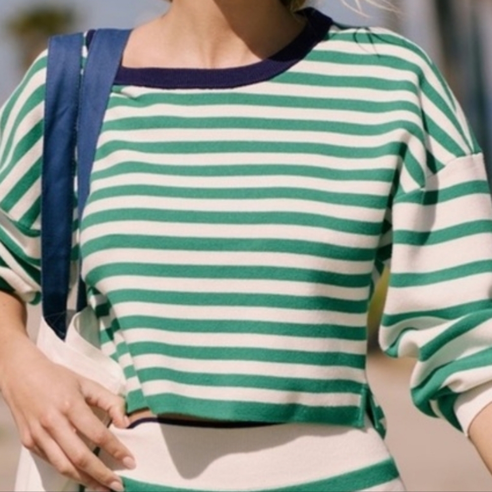 Daily Practice Anthropologie Striped Boxy Crop Sweater Green White Size Large - Picture 2 of 11